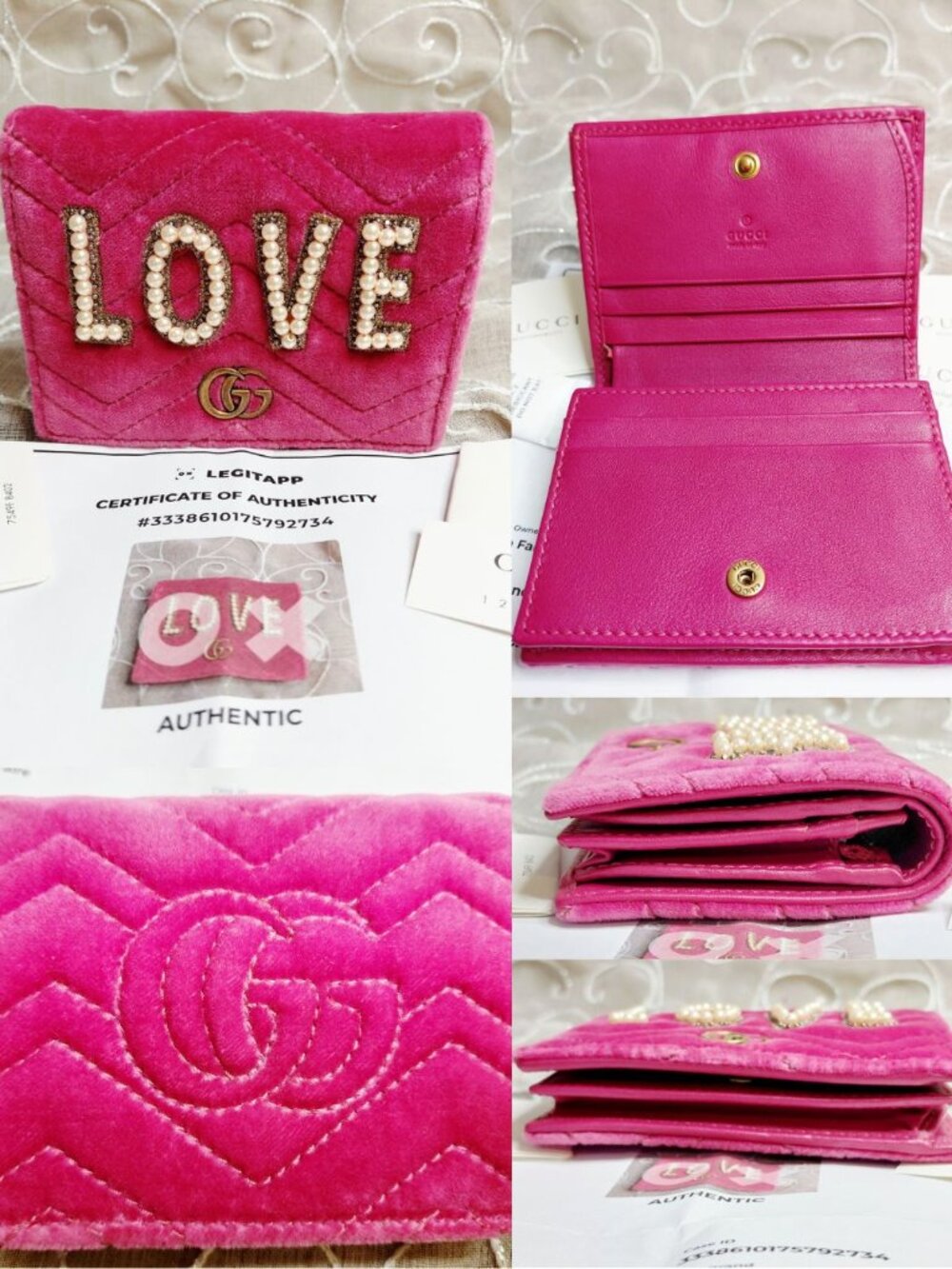 Gucci Limited Edition 2018 Pink Velvet Pearl LOVE Marmont Wallet